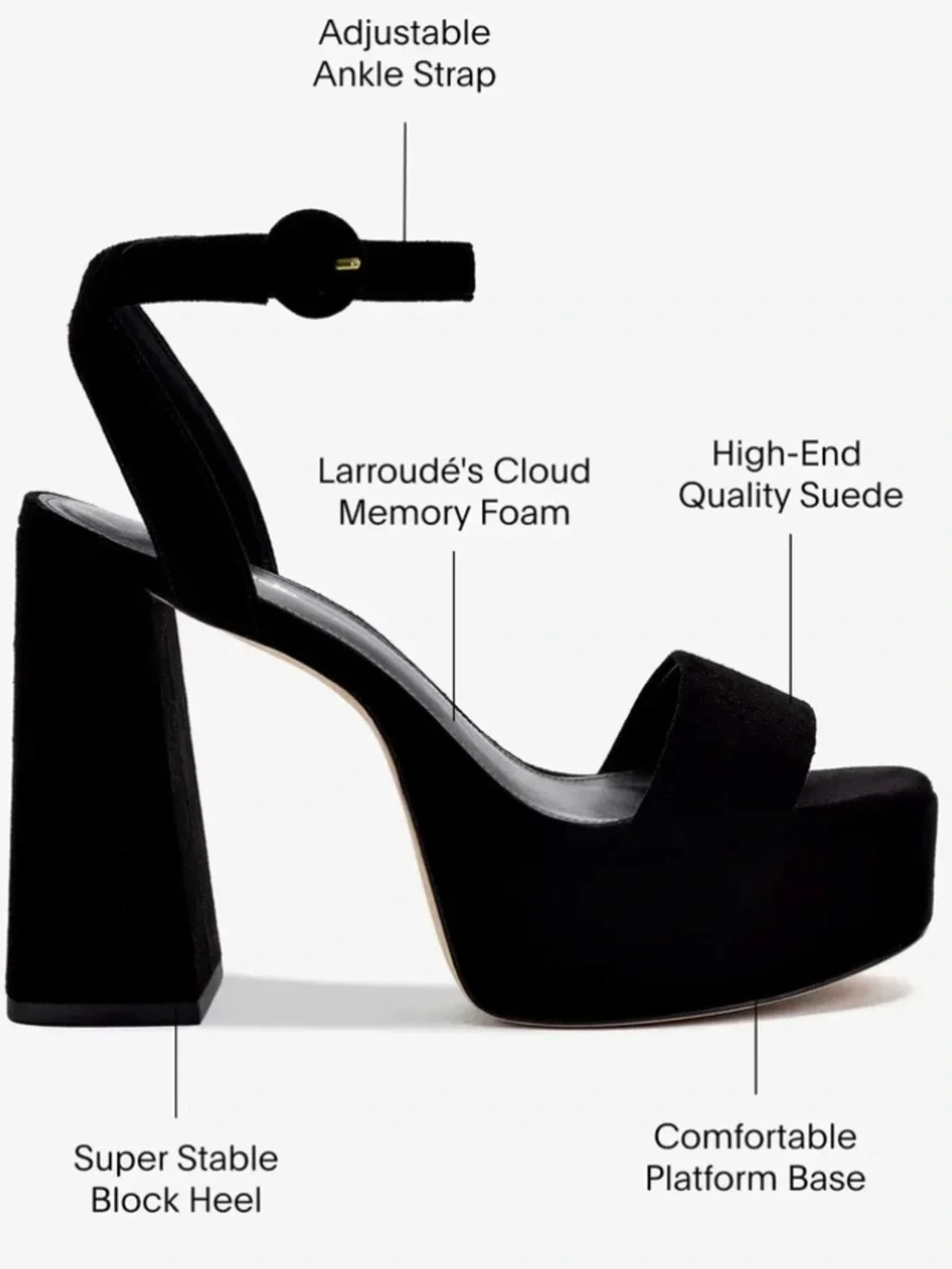 Larroude Dolly Sandal In Black Suede Platform Block Heel Ankle-Tie Sandals